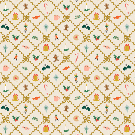 Rifle Paper Co. Holiday Classics 5, Holiday Argyle; Cream Metallic, 1/4 yard