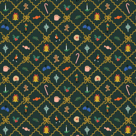 Rifle Paper Co. Holiday Classics 5, Holiday Argyle; Evergreen Metallic, 1/4 yard