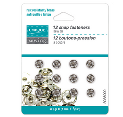 UNIQUE SEWING Snap Fasteners Nickel - size 0 / 7mm (1⁄4″) - 12 sets