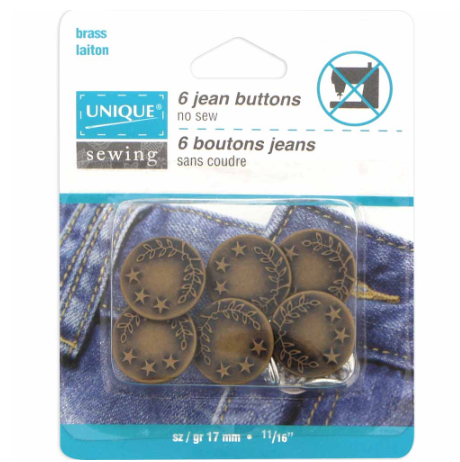 UNIQUE SEWING Jean Buttons No Sewing - Antique Brass - 6pcs. - 17mm (5⁄8″)