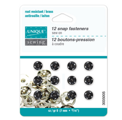 UNIQUE SEWING Snap Fasteners Black- size 0 / 7mm (1⁄4″) - 12 sets